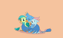 Size: 4171x2532 | Tagged: safe, artist:gd_inuk, gallus, ocellus, sandbar, changedling, changeling, griffon, g4, crying, cute, diaocelles, disguise, disguised changeling, eyes closed, female, gallabetes, graceful, griffon ocellus, griffonized, high res, hug, male, open mouth, orange background, sandabetes, simple background, sitting, smiling, species swap, tears of joy, trio, wing hold, winghug