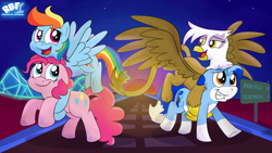 Size: 3840x2160 | Tagged: safe, artist:rupert, gilda, pinkie pie, rainbow dash, oc, oc:rupert the blue fox, earth pony, fox, fox pony, griffon, hybrid, original species, pegasus, pony, g4, 4k, 80s, chest fluff, cute, dashabetes, diapinkes, floppy ears, flying, furry, furry oc, gildadorable, grainy, happy, high res, holding a pony, non-mlp oc, outrun, road sign, rupertbetes, signature, smiling, stars, sun, sunset, teeth, two toned coat, wings