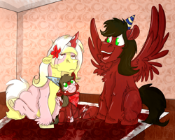 Size: 2500x2000 | Tagged: safe, artist:euspuche, oc, oc:carmen garcía, oc:cloud rider, oc:naiv nein, pegasus, pony, angry, birthday, birthday hats, caroud, female, filly, grumpy, happy, high res, looking at each other, offspring, open mouth, parent:oc:carmen garcía, parent:oc:cloud rider, parents:caroud, parents:oc x oc, smiling, wings