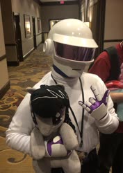 Size: 2147x3024 | Tagged: safe, dj pon-3, octavia melody, vinyl scratch, g4, clothes, cosplay, costume, crossover, daft pon-3, daft punk, harmonycon, harmonycon 2020, high res, irl, photo, plushie