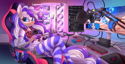 Size: 2333x1200 | Tagged: safe, artist:ask-colorsound, oc, oc only, oc:cinnabyte, anthro, adorkable, cinnabetes, clothes, commission, computer, cute, dork, female, gaming headset, gaming pc, headset, mare, nintendo switch, ocbetes, pc, pigtails, smiling, socks, solo, streamer, super smash bros.