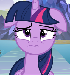 Size: 883x938 | Tagged: safe, screencap, twilight sparkle, alicorn, pony, g4, school daze, bags under eyes, close-up, cropped, female, floppy ears, folded wings, mare, pond, pouting, puckered lips, raised eyebrow, sad, solo, twilight sparkle (alicorn), upset, wings