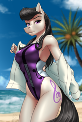 Size: 2000x3000 | Tagged: safe, artist:mykegreywolf, octavia melody, earth pony, anthro, g4, armpits, beach, breasts, busty octavia melody, clothes, female, high res, high-cut clothing, jacket, mare, ocean, one-piece swimsuit, open-back swimsuit, palm tree, reasonably sized breasts, solo, swimsuit, tree