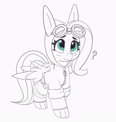 Size: 3108x3257 | Tagged: safe, artist:pabbley, fluttershy, pegasus, pony, g4, bunny ears, clothes, costume, dangerous mission outfit, female, goggles, high res, hoodie, mare, monochrome, partial color, question mark, simple background, smiling, solo, white background