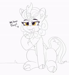 Size: 3489x3768 | Tagged: safe, artist:pabbley, autumn blaze, kirin, g4, cloven hooves, cute, cute little fangs, dialogue, fangs, female, high res, lidded eyes, monochrome, open mouth, partial color, pointing, raised hoof, simple background, sitting, smiling, solo, unnecessary cuteness, white background