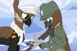 Size: 2160x1440 | Tagged: safe, artist:aaronmk, oc, oc only, oc:alexander kemerskai, oc:alexander kemerskai jr, griffon, equestria at war mod, clothes, cloud, coat, father and child, father and son, griffon oc, gun, hat, like father like son, like parent like child, male, mountain, uniform, vector, weapon