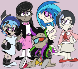 Size: 800x707 | Tagged: safe, artist:mirabuncupcakes15, dj pon-3, octavia melody, vinyl scratch, oc, oc:melodic dreams, oc:nuance harmoney, oc:sawtooth vibe, human, icey-verse, g4, bedroom eyes, belt, bow, bowtie, cardigan, clothes, commission, converse, dark skin, ear piercing, earring, eyeshadow, family, female, flats, gloves, hair bow, hat, headphones, humanized, humanized oc, jacket, jewelry, leather jacket, lesbian, magical lesbian spawn, makeup, mother and child, mother and daughter, multicolored hair, offspring, open mouth, parent:octavia melody, parent:vinyl scratch, parents:scratchtavia, piercing, purple background, ship:scratchtavia, shipping, shirt, shoes, shorts, siblings, simple background, sisters, sitting, socks, stockings, striped socks, sunglasses, t-shirt, thigh highs, top hat