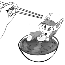 Size: 2000x2000 | Tagged: safe, artist:gab0o0, bat pony, human, pony, bat soup, bowl, chopsticks, coronavirus, covid-19, female, food, grayscale, high res, mare, monochrome, person as food, simple background, solo, soup, white background