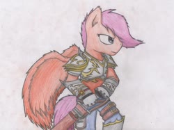 Size: 1094x817 | Tagged: safe, artist:random gloves, scootaloo, pegasus, semi-anthro, g4, arm hooves, armor, clothes, female, gauntlet, solo, sword, traditional art, weapon