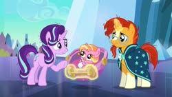 Size: 1280x720 | Tagged: safe, artist:sea--crystal, edit, edited screencap, screencap, luster dawn, starlight glimmer, sunburst, pony, unicorn, g4, the times they are a changeling, baby, baby bottle, baby luster dawn, baby pony, blaze (coat marking), clothes, coat markings, crib, crystal empire, cute, facial markings, father and child, father and daughter, female, filly, glasses, glowing horn, headcanon, horn, levitation, luster dawn is starlight's and sunburst's daughter, lusterbetes, magic, male, mama starlight, messy mane, milk, milk bottle, mother and child, mother and daughter, offspring, papa sunburst, parent:starlight glimmer, parent:sunburst, parents and child, parents:starburst, robe, ship:starburst, shipping, socks (coat markings), stallion, straight, sunburst's cloak, sunburst's glasses, telekinesis, younger