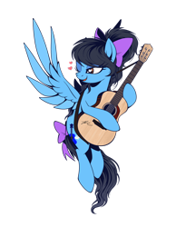 Size: 1000x1286 | Tagged: safe, artist:hexfloog, oc, oc only, oc:strumbeat strings, pegasus, pony, bow, guitar, heart, heart eyes, musical instrument, simple background, solo, tail bow, transparent background, wingding eyes