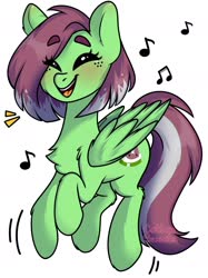 Size: 1400x1870 | Tagged: safe, artist:cottonsweets, oc, oc only, oc:watermelon success, pony, chest fluff, happy, music notes, simple background, singing, solo, trotting, white background