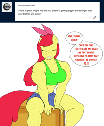 Size: 1280x1535 | Tagged: safe, artist:matchstickman, apple bloom, earth pony, anthro, matchstickman's apple brawn series, tumblr:where the apple blossoms, g4, abs, apple brawn, biceps, breasts, busty apple bloom, clothes, crate, deltoids, denim shorts, dialogue, eyes closed, female, mare, muscles, muscular female, older, older apple bloom, pecs, sexy, shorts, simple background, solo, speech bubble, sports bra, talking to viewer, thighs, thunder thighs, tomboy, tumblr comic, white background