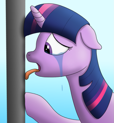 Size: 737x795 | Tagged: safe, artist:tech--pony, twilight sparkle, pony, unicorn, g4, crying, female, floppy ears, gradient background, mare, solo, tongue out, tongue stuck to pole, tongue stuck to something frozen, unicorn twilight