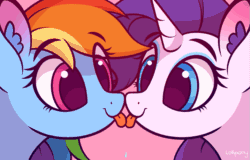 Size: 783x500 | Tagged: dead source, safe, artist:lollipony, edit, rainbow dash, rarity, pegasus, pony, unicorn, g4, animated, cute, dashabetes, ear fluff, eye contact, female, kissing, lesbian, licking, licking tongue, looking at each other, mare, meme, pink background, poni licking poni, raribetes, raspberry noise, ship:raridash, shipping, silly, simple background, tongue out, tongue to tongue