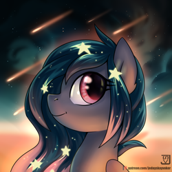 Size: 2000x2000 | Tagged: safe, artist:jedayskayvoker, oc, oc only, oc:star universe, pegasus, pony, cute, ethereal mane, female, high res, looking at you, mare, meteor, meteor shower, night, night sky, profile, sky, smiling, smiling at you, solo, starry mane
