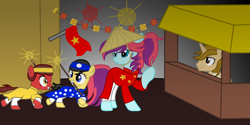 Size: 2548x1276 | Tagged: safe, artist:ngthanhphong, oc, oc only, oc:taffy swirl, earth pony, pony, unicorn, ao dai, asian conical hat, female, festive, filly, fireworks, flag, hat, light sticks, male, new year, stallion, vietnam
