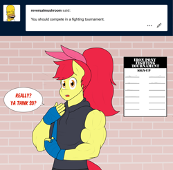 Size: 1280x1267 | Tagged: safe, artist:matchstickman, apple bloom, earth pony, anthro, matchstickman's apple brawn series, tumblr:where the apple blossoms, g4, apple brawn, bandage, biceps, clothes, deltoids, dialogue, female, hoodie, looking at you, mare, muscles, older, older apple bloom, poster, solo, speech bubble, talking to viewer, tumblr comic