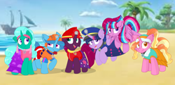 Size: 2224x1080 | Tagged: safe, artist:rainbow eevee edits, artist:徐詩珮, fizzlepop berrytwist, glitter drops, luster dawn, spring rain, tempest shadow, twilight sparkle, oc, oc:bubble sparkle, alicorn, pony, unicorn, series:sprglitemplight diary, series:sprglitemplight life jacket days, series:springshadowdrops diary, series:springshadowdrops life jacket days, g4, alicorn oc, alternate universe, bisexual, broken horn, clothes, equestria girls outfit, family, female, glitterbetes, horn, lesbian, lifeguard spring rain, like mother like daughter, like parent like child, magical lesbian spawn, magical threesome spawn, mother and child, mother and daughter, multiple parents, next generation, offspring, parent:glitter drops, parent:spring rain, parent:tempest shadow, parent:twilight sparkle, parents:glittershadow, parents:sprglitemplight, parents:springdrops, parents:springshadow, parents:springshadowdrops, paw patrol, polyamory, ship:glitterlight, ship:glittershadow, ship:sprglitemplight, ship:springdrops, ship:springlight, ship:springshadow, ship:springshadowdrops, ship:tempestlight, shipping, springbetes, stock image, tempestbetes, twilight sparkle (alicorn)
