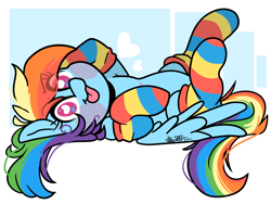 Size: 4000x3000 | Tagged: safe, artist:befishproductions, rainbow dash, pegasus, pony, g4, :p, abstract background, armpits, blush sticker, blushing, clothes, cute, dashabetes, eye clipping through hair, female, heart, heart eyes, looking at you, mare, on back, rainbow socks, socks, solo, striped socks, thigh highs, tongue out, wingding eyes