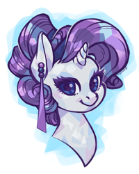Size: 4169x5212 | Tagged: safe, artist:taytinabelle, rarity, crystal pony, pony, unicorn, g4, alternate hairstyle, bust, crystallized, curly hair, cute, digital art, ear piercing, earring, female, hair bun, jewelry, looking at you, mare, piercing, simple background, smiling, solo, white background