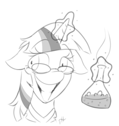 Size: 1425x1500 | Tagged: safe, artist:fakskis, twilight sparkle, pony, unicorn, g4, clothes, crazy face, faic, female, grayscale, horn, lab coat, mad scientist, magic, mare, monochrome, potion, science, scientist, smiling, solo, vial