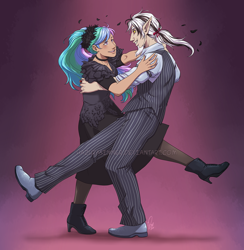 Size: 1212x1242 | Tagged: safe, artist:hazurasinner, discord, princess celestia, human, g4, abstract background, clothes, commission, cosplay, costume, dancing, dress, elf ears, female, hadestown, humanized, looking at each other, male, ship:dislestia, shipping, straight, watermark