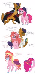 Size: 1024x2157 | Tagged: safe, artist:pikokko, capper dapperpaws, pinkie pie, oc, oc:rose gold, abyssinian, earth pony, pony, anthro, digitigrade anthro, g4, the saddle row review, alternate hairstyle, blushing, cape, capperpie, chest fluff, clone, clothes, coat, color change, colored hooves, disguise, dress, dyed mane, fedora, female, hair dye, hat, headband, mare, mirror, pinkie clone, simple background, teary eyes, veil, white background