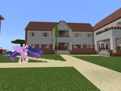 Size: 2048x1536 | Tagged: source needed, safe, edit, editor:topsangtheman, twilight sparkle, alicorn, pony, g4, the last problem, bamboo, ford, ford f-150, game screencap, houses, looking at you, minecraft, older, older twilight, older twilight sparkle (alicorn), photoshop, princess twilight 2.0, tree, truck, twilight sparkle (alicorn)