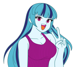 Size: 5999x5478 | Tagged: safe, artist:nairdags, artist:pink1ejack, edit, sonata dusk, equestria girls, equestria girls series, absurd resolution, anime, bare shoulders, breasts, bust, busty sonata dusk, cleavage, clothes, cropped, cute, female, lidded eyes, looking at you, open mouth, peace sign, simple background, sleeveless sweater, solo, sonatabetes, sweater, transparent background, vector