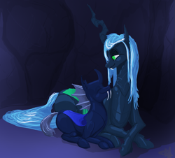 Size: 1175x1061 | Tagged: safe, artist:xander, queen chrysalis, changeling, changeling queen, g4, cave, cavern, changeling hive, duo, female, happy, hive, male, mommy chrissy, mother, mother and child, mother and son, smiling, son