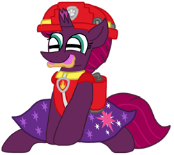 Size: 1184x1054 | Tagged: safe, artist:徐詩珮, fizzlepop berrytwist, tempest shadow, pony, unicorn, series:sprglitemplight diary, series:sprglitemplight life jacket days, series:springshadowdrops diary, series:springshadowdrops life jacket days, g4, alternate universe, bone, broken horn, clothes, cookie, cute, cutie mark, daaaaaaaaaaaw, food, horn, hsu amity is trying to murder us, mouth hold, paw patrol, simple background, sitting, teal eyes, transparent background, treat