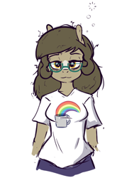 Size: 568x726 | Tagged: safe, artist:whatsapokemon, oc, oc only, oc:wishful thought, earth pony, anthro, clothes, female, glasses, lidded eyes, looking at you, mare, shirt, simple background, sleepy, solo, t-shirt, white background