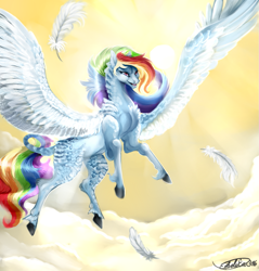 Size: 955x1000 | Tagged: safe, artist:etrelvia316, rainbow dash, pegasus, pony, g4, badass, cloud, female, hooves, mare, sky, solo, spread wings, sun, wings