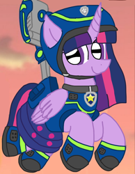 Size: 1080x1391 | Tagged: safe, artist:徐詩珮, twilight sparkle, alicorn, pony, series:sprglitemplight diary, series:sprglitemplight life jacket days, series:springshadowdrops diary, series:springshadowdrops life jacket days, g4, alternate universe, clothes, cute, equestria girls outfit, female, folded wings, grin, helmet, looking at you, mare, paw patrol, shoes, smiling, smiling at you, spy, spy chase (paw patrol), sunset, twiabetes, twilight sparkle (alicorn), wings, zipline