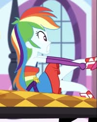 Size: 389x486 | Tagged: safe, screencap, rainbow dash, equestria girls, g4, make up shake up, my little pony equestria girls: summertime shorts, armpits, bare shoulders, belt, boots, clothes, cropped, dress, fall formal, fall formal outfits, female, fingerless gloves, gloves, gritted teeth, grunt, outfit, pulling, rainbow stripes, shoes, sleeveless, solo, stripes, teeth