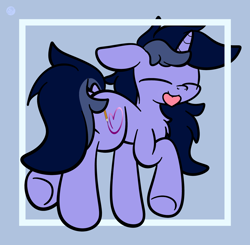 Size: 1960x1920 | Tagged: safe, artist:php142, oc, oc only, oc:purple flix, pony, unicorn, :p, chest fluff, cute, dock, eyes closed, floppy ears, heart, male, raised hoof, rear view, simple background, solo, stallion, tongue out, underhoof
