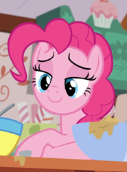 Size: 653x883 | Tagged: safe, screencap, pinkie pie, earth pony, pony, g4, secrets and pies, cropped, female, lidded eyes, mare, smiling, smug, solo