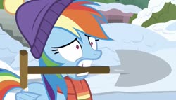 Size: 1446x828 | Tagged: safe, screencap, rainbow dash, pony, best gift ever, g4, hearth's warming shorts, triple pony dare ya, clothes, female, scarf, shovel, snow, solo, winter outfit