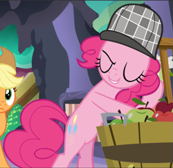 Size: 969x941 | Tagged: safe, screencap, applejack, pinkie pie, earth pony, pony, g4, secrets and pies, apple, bipedal, cropped, deerstalker, detective, evil grin, eyes closed, female, food, grin, hat, mare, sherlock holmes, sherlock pie, smiling, solo focus