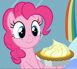 Size: 1045x939 | Tagged: safe, screencap, pinkie pie, earth pony, pony, g4, secrets and pies, cropped, cute, diapinkes, female, food, holding, mare, pie, smiling, solo