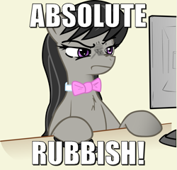 Size: 1073x1032 | Tagged: safe, artist:haetran, octavia melody, earth pony, pony, g4, bowtie, british, caption, chest fluff, computer, computer mouse, disgusted, female, frown, glare, hoof hold, image macro, mare, meme, monitor, octavia is not amused, rubbish, scowl, solo, tan background, text, unamused