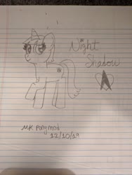 Size: 960x1280 | Tagged: safe, artist:nightshadowmlp, oc, oc only, oc:night shadow, pony, unicorn, lined paper, raised hoof, smiling, solo, text, traditional art