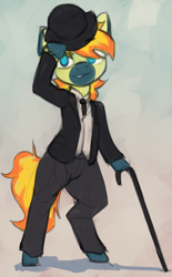 Size: 885x1428 | Tagged: safe, artist:marsminer, oc, oc only, oc:yaktan, semi-anthro, arm hooves, bipedal, bowler hat, cane, clothes, hat, hat tip, male, solo, stallion, suit
