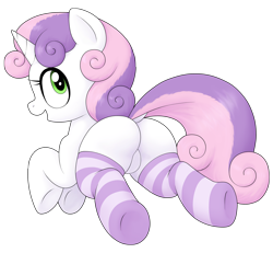 Size: 3000x2767 | Tagged: safe, artist:poole, edit, sweetie belle, pony, unicorn, g4, blank flank, butt, clothes, cute, diasweetes, dock, female, filly, green eyes, high res, plot, simple background, smiling, socks, striped socks, sweetie butt, thigh highs, transparent background