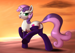 Size: 3508x2480 | Tagged: safe, artist:jeki, edit, sweetie belle, pony, unicorn, g4, bedroom eyes, clothes, dock, female, green eyes, high res, older, older sweetie belle, smiling, socks, solo, stockings, sunset, thigh highs, tongue out