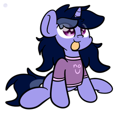 Size: 2048x1920 | Tagged: dead source, safe, artist:php142, oc, oc only, oc:purple flix, pony, unicorn, :p, clothes, colored pupils, cute, eye clipping through hair, looking up, male, no u, shirt, simple background, sitting, solo, stallion, t-shirt, tongue out, white background