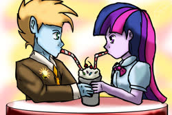 Size: 1024x683 | Tagged: safe, artist:firepaws247, twilight sparkle, oc, oc:harmony star, equestria girls, g4, canon x oc, clothes, duo, equestria girls-ified, female, ice cream soda, male, necktie, sharing a drink, shipping, straight, straw, suit, twimony
