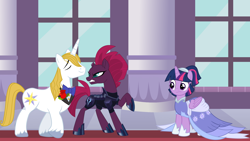 Size: 2064x1161 | Tagged: safe, fizzlepop berrytwist, prince blueblood, tempest shadow, twilight sparkle, alicorn, pony, unicorn, g4, my little pony: the movie, the last problem, spoiler:comicff26, annoyed, armor, arrogant, belligerent sexual tension, berryblood, bowtie, canterlot castle, clothes, coronation dress, diplomacy, dress, episode idea, fanfic idea, female, friendshipper on deck, friendshipping, glare, insult, insulted, male, second coronation dress, sexual tension, shipper on deck, shipping, shipping fuel, smug, stallion, straight, tempest shadow is not amused, this will end in pain, this will not end well, twilight sparkle (alicorn), uh oh, unamused, we're doomed