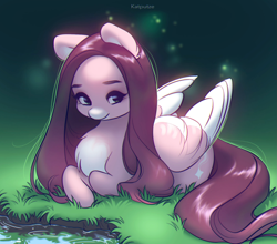 Size: 1949x1713 | Tagged: safe, artist:katputze, oc, oc only, pegasus, pony, chest fluff, cute, female, grass, looking at you, mare, markings, outdoors, pale belly, prone, solo, water